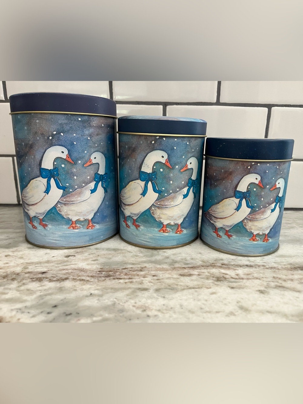 80s Vintage Nesting Country Goose
Winter Goose Tin Canister Set Cottagecore NOS